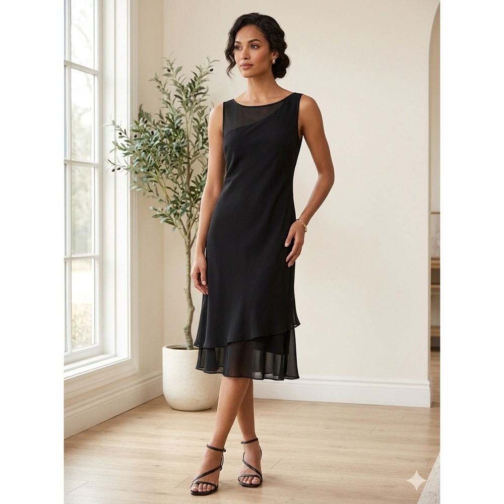 SL Fashions Black Asymmetrical Mesh Ruffle Cocktail Dress 12P 446973 Made in USA